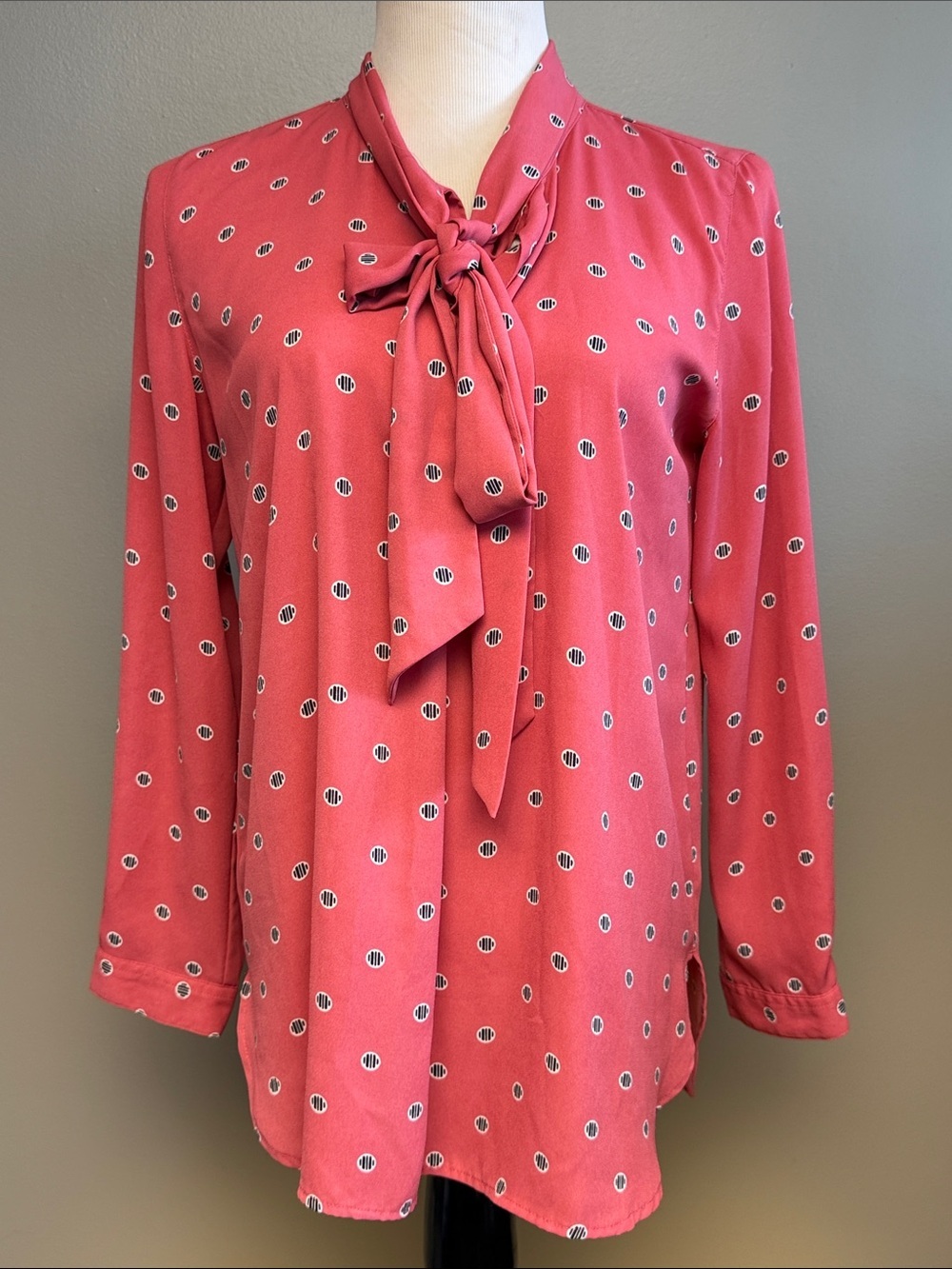 LOFT Outlet Petite Tie Neck Blouse Pink Polka Dot Long Sleeve Women's MP